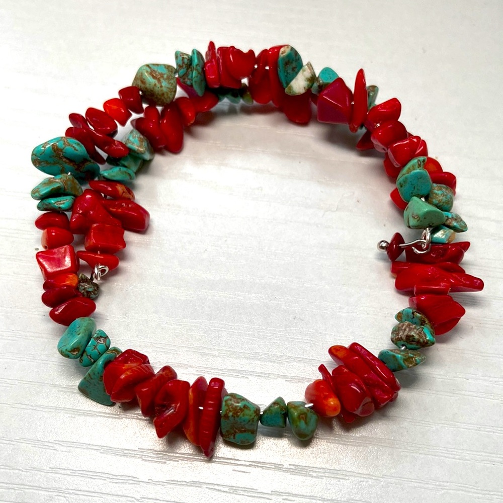 Handmade red bamboo coral and turquoise beaded memory wire bracelet.
